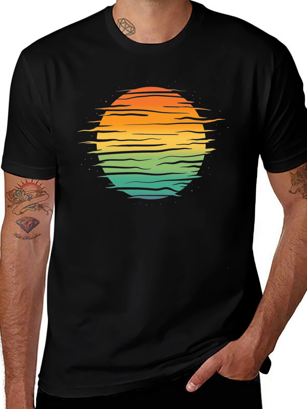 Retro Sunset Horizon T-Shirt - Black