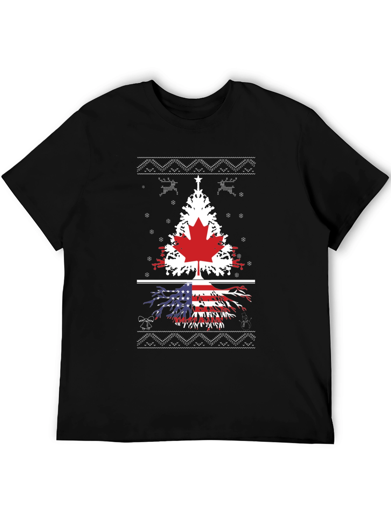 Canada USA Flag Tree Graphic Print Black T-Shirt