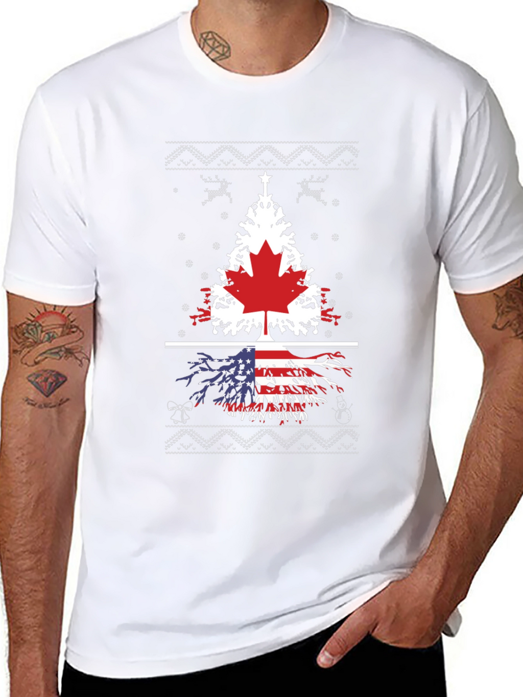 Canada USA Flag Tree Graphic Print Black T-Shirt
