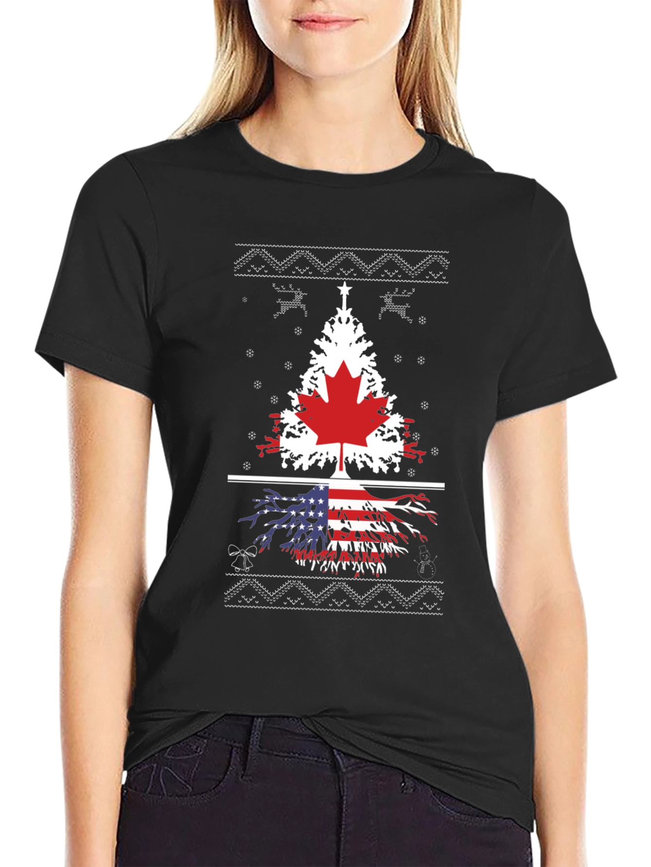 Canada USA Flag Tree Graphic Print Black T-Shirt