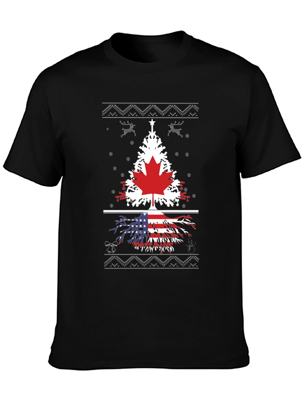 Canada USA Flag Tree Graphic Print Black T-Shirt