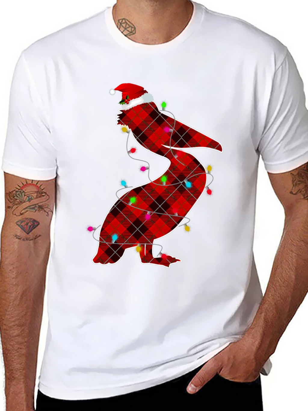 Christmas Pelican Plaid Santa Hat T-Shirt
