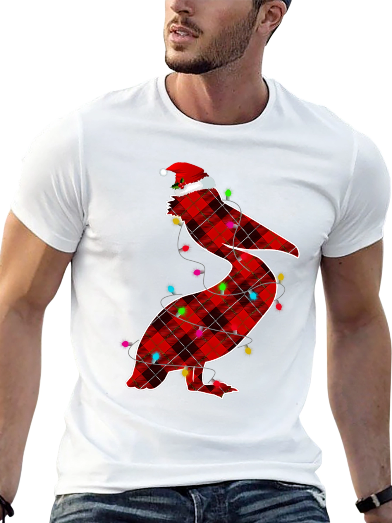 Christmas Pelican Plaid Santa Hat T-Shirt