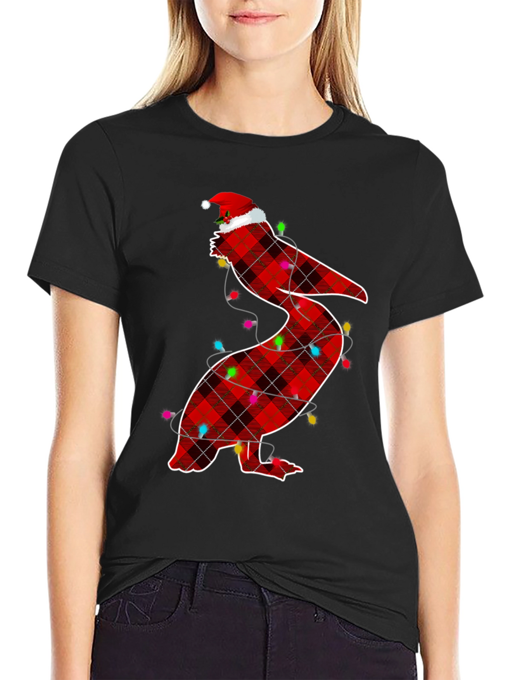Christmas Pelican Plaid Santa Hat T-Shirt