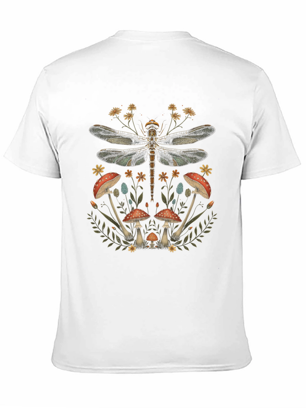 Dragonfly Mushroom Print Black T-Shirt