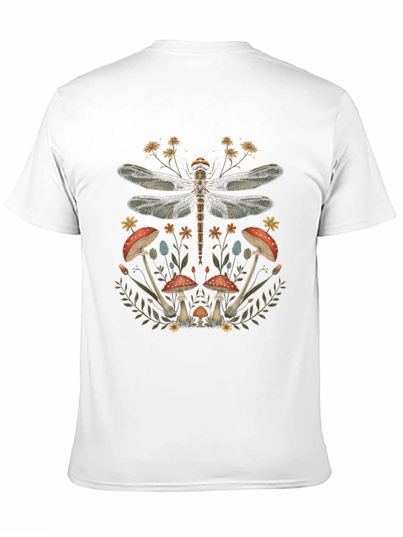 Dragonfly Mushroom Print Black T-Shirt