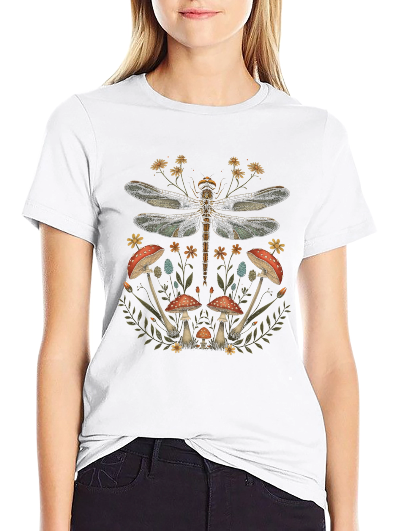 Dragonfly Mushroom Print Black T-Shirt