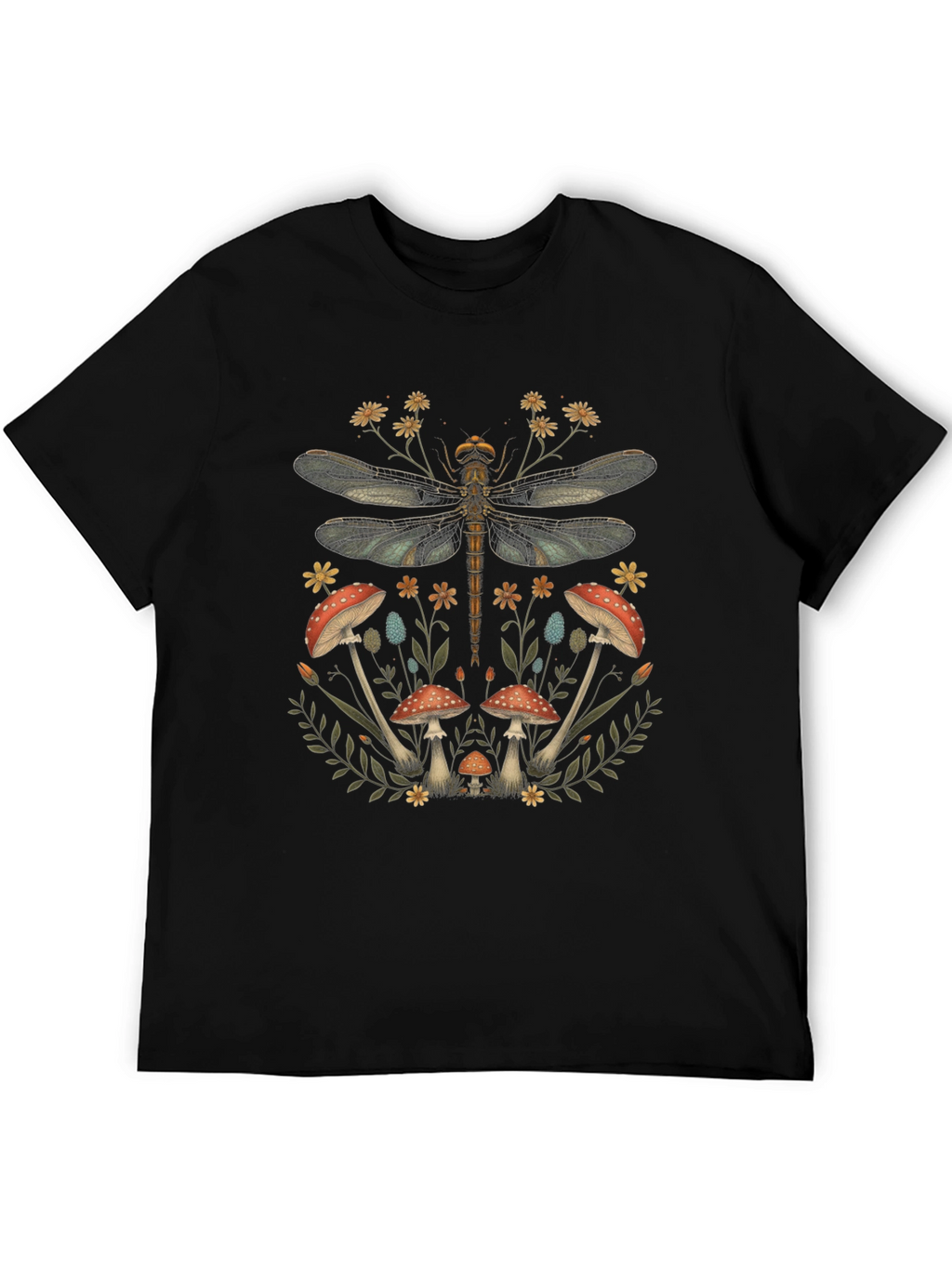 Dragonfly Mushroom Print Black T-Shirt