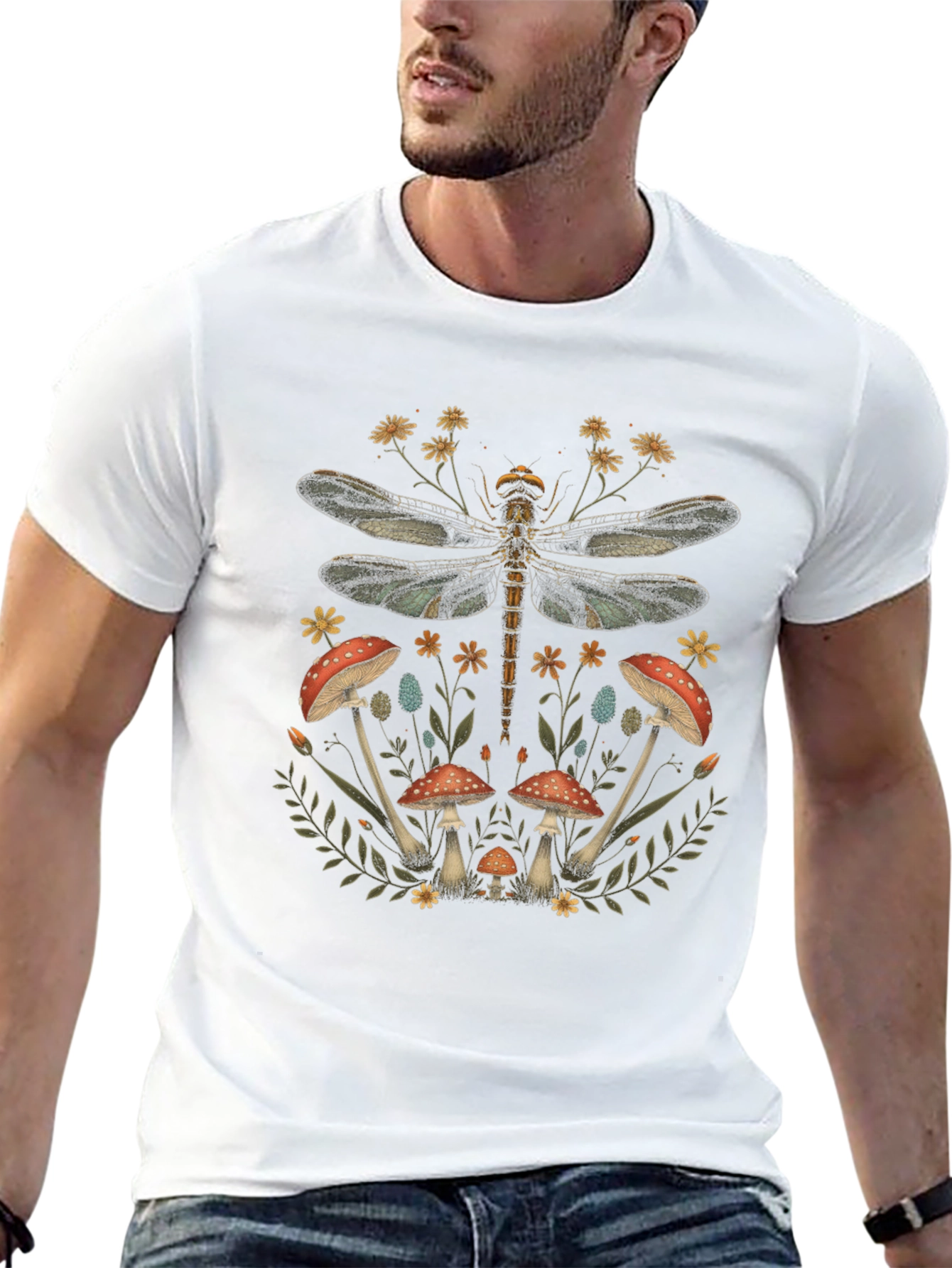 Dragonfly Mushroom Print Black T-Shirt