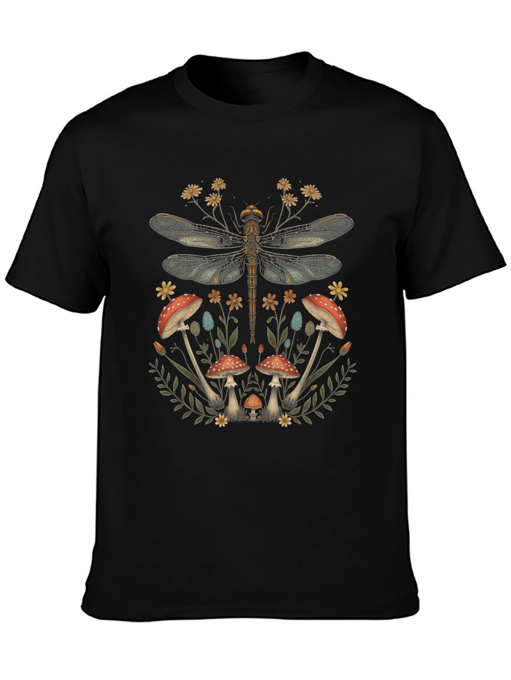 Dragonfly Mushroom Print Black T-Shirt
