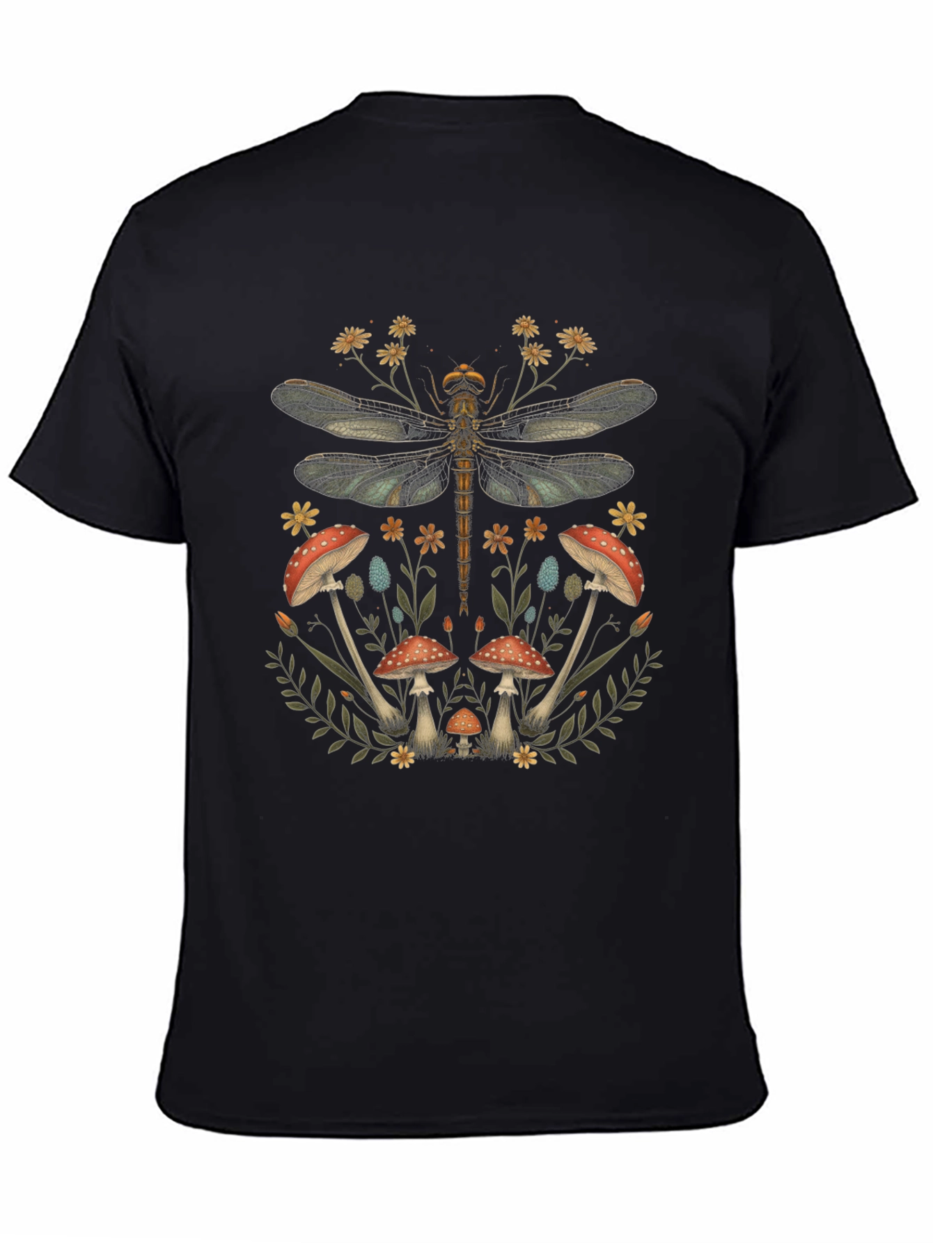 Dragonfly Mushroom Print Black T-Shirt