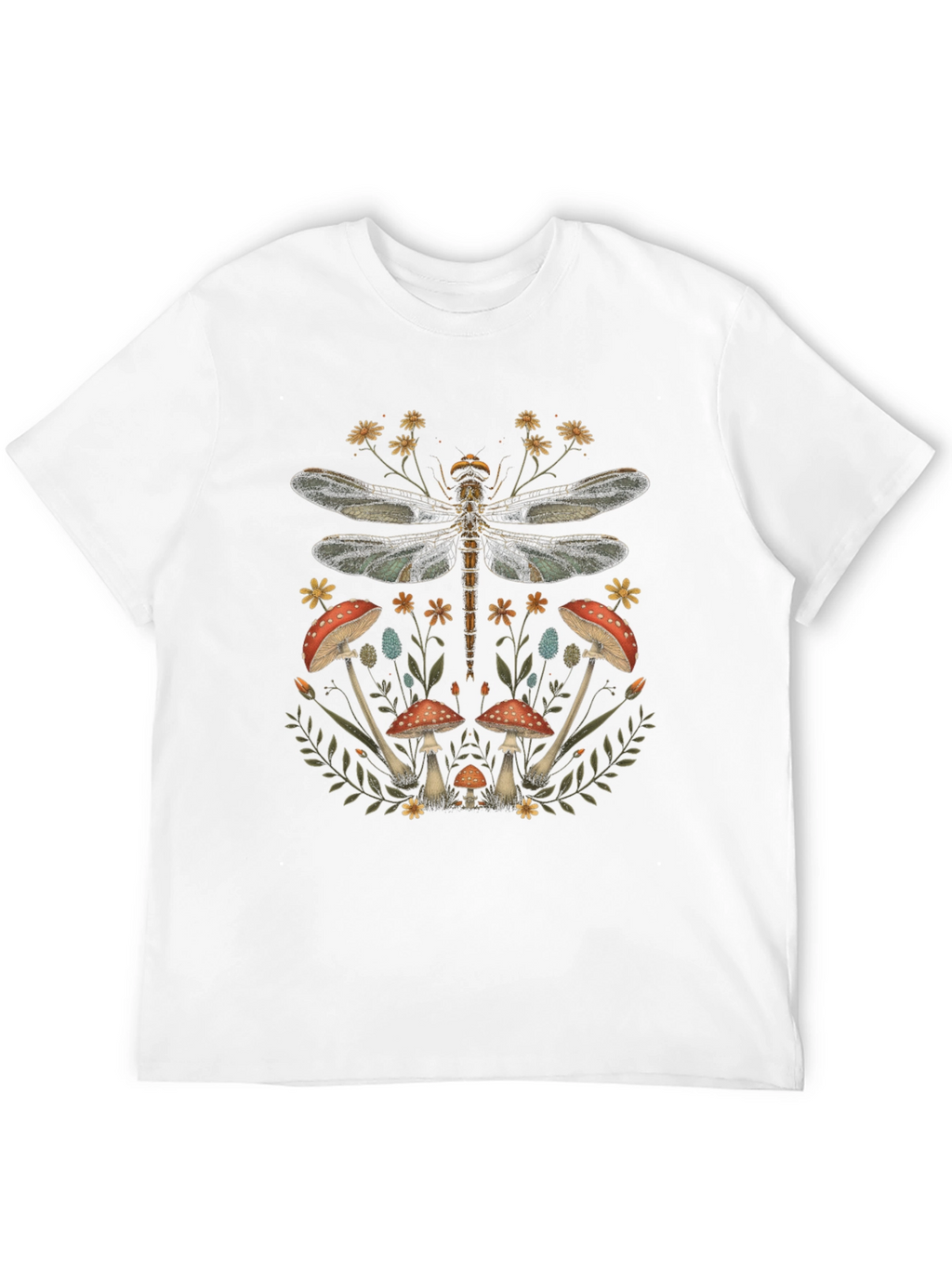 Dragonfly Mushroom Print Black T-Shirt