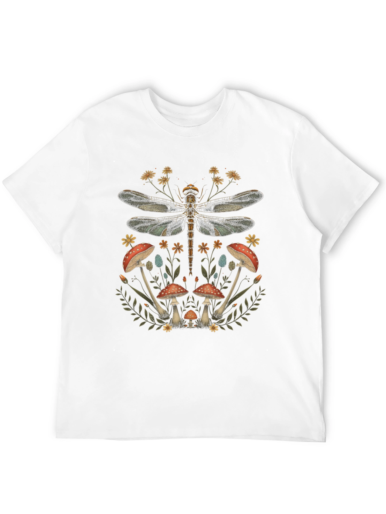 Dragonfly Mushroom Print Black T-Shirt