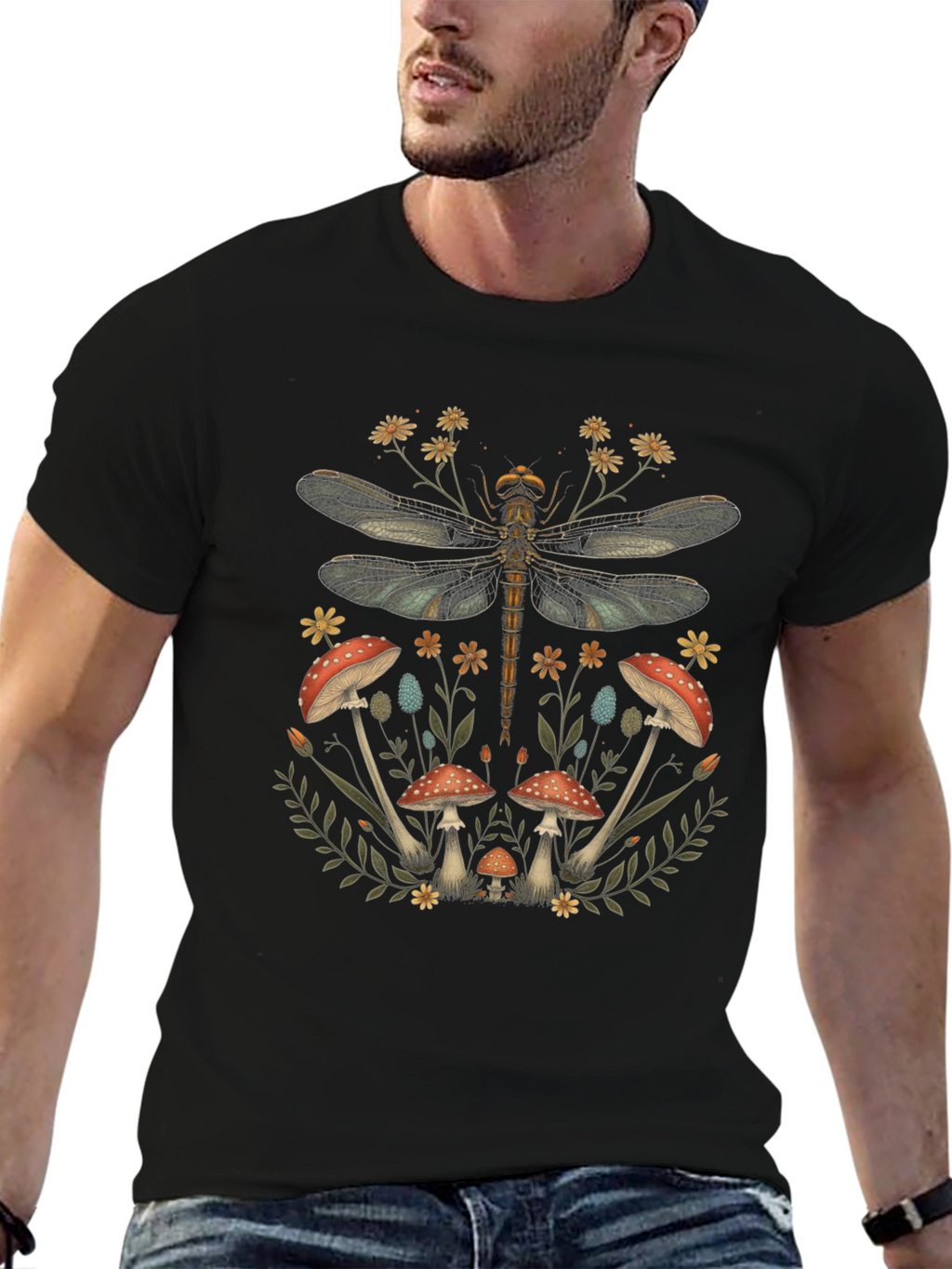 Dragonfly Mushroom Print Black T-Shirt
