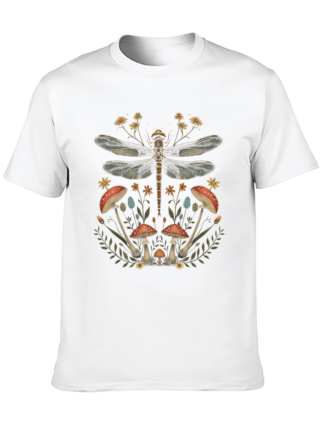 Dragonfly Mushroom Print Black T-Shirt