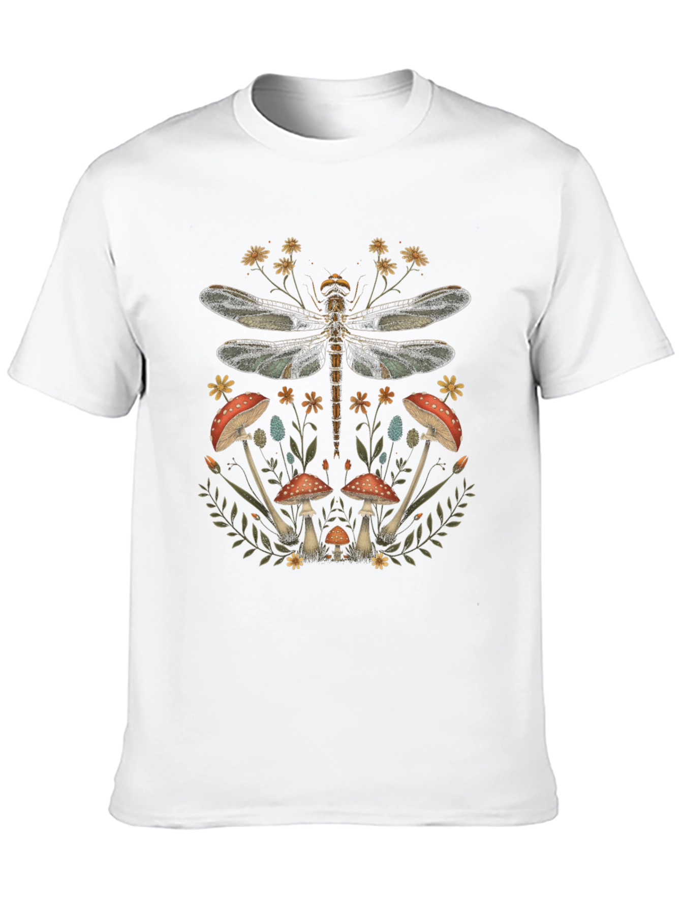 Dragonfly Mushroom Print Black T-Shirt