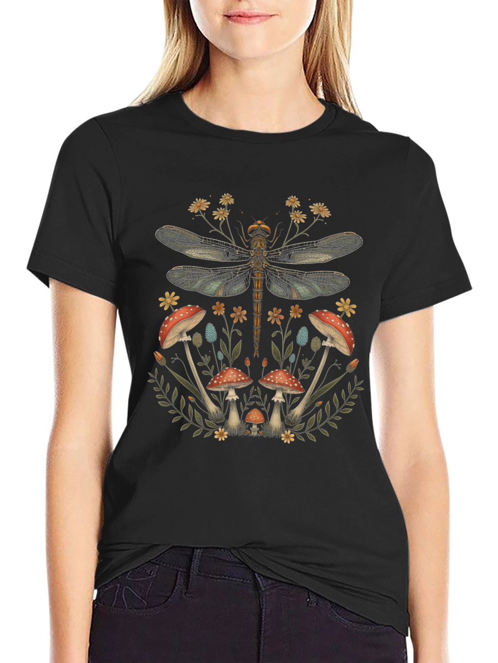 Dragonfly Mushroom Print Black T-Shirt