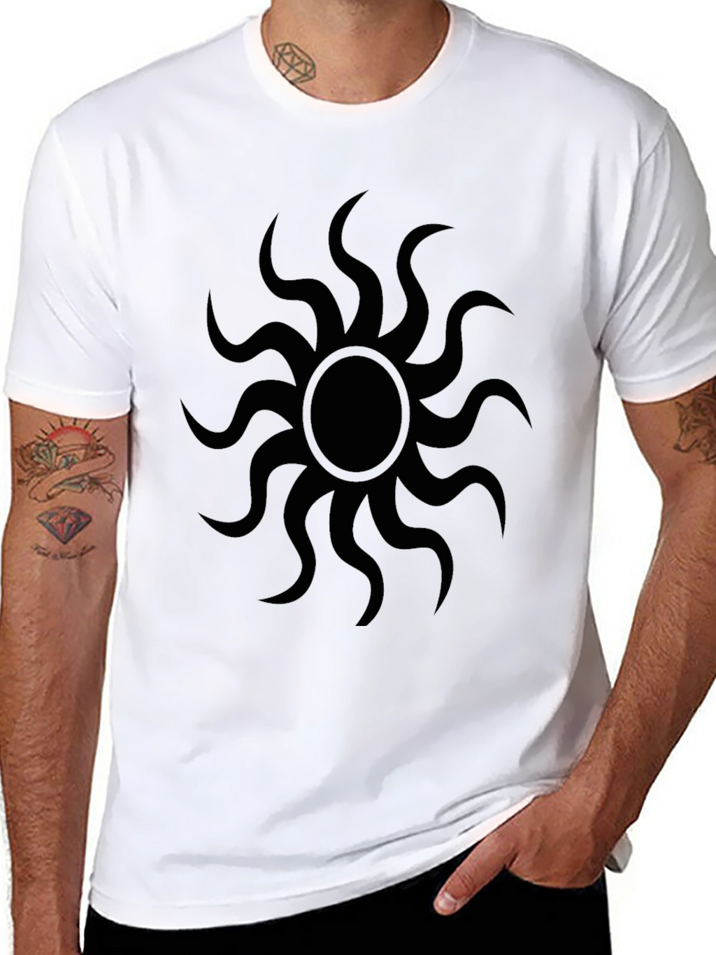 Black Graphic Tee - Sunburst Design Casual Wear
