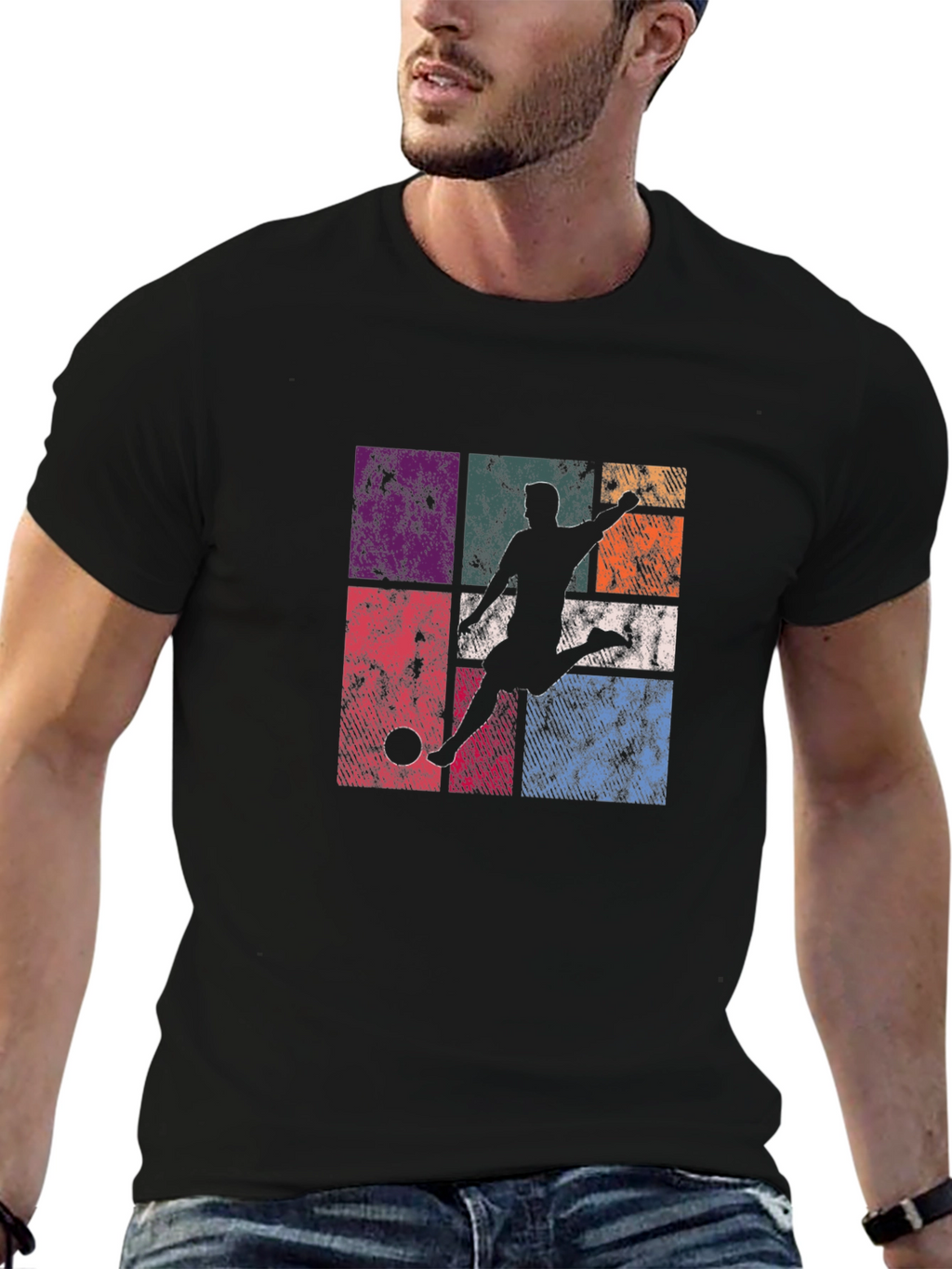 Retro Soccer Player Graphic T-Shirt - Black