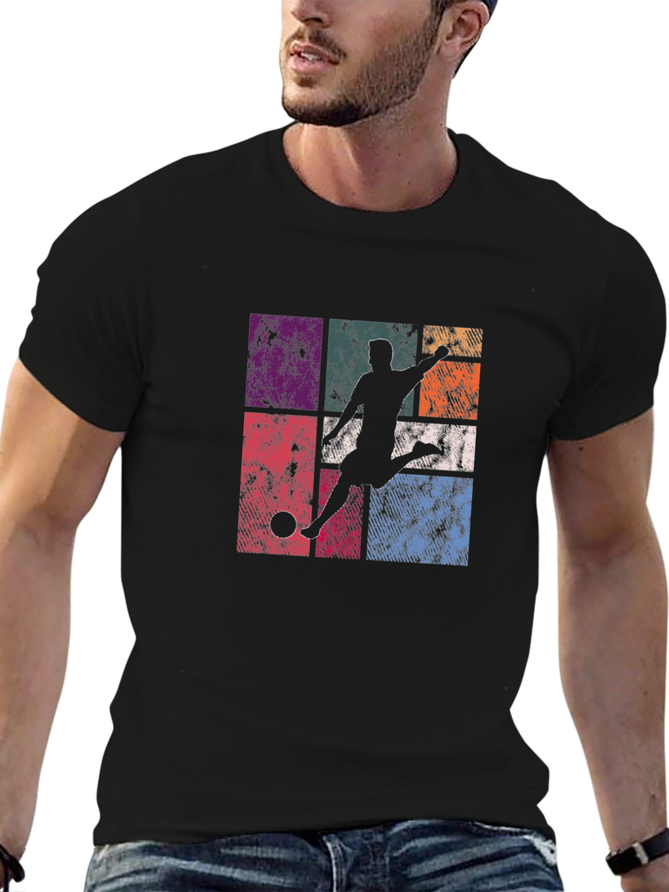 Retro Soccer Player Graphic T-Shirt - Black