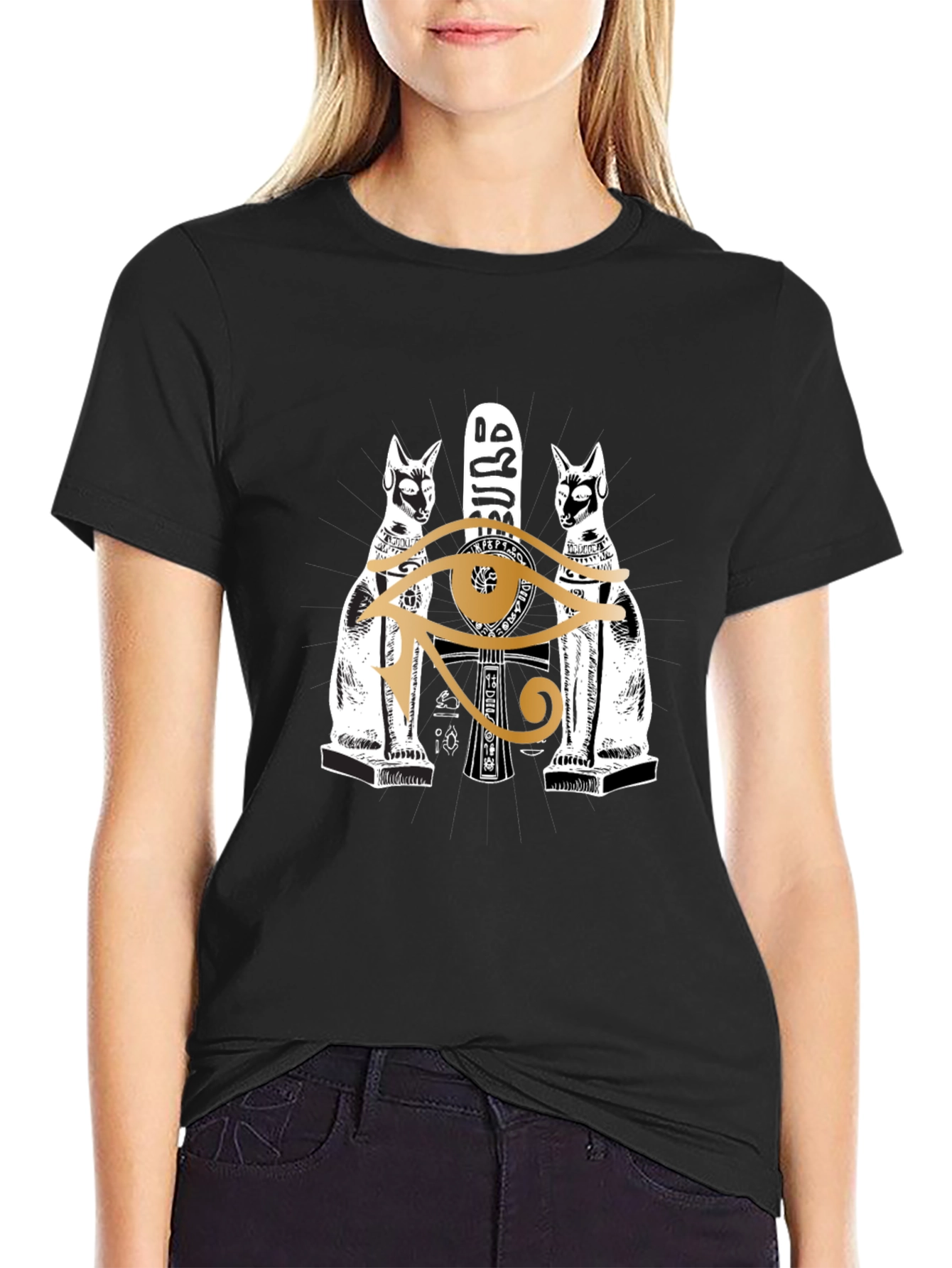 Egyptian Cats & Eye of Horus Graphic Tee - Black