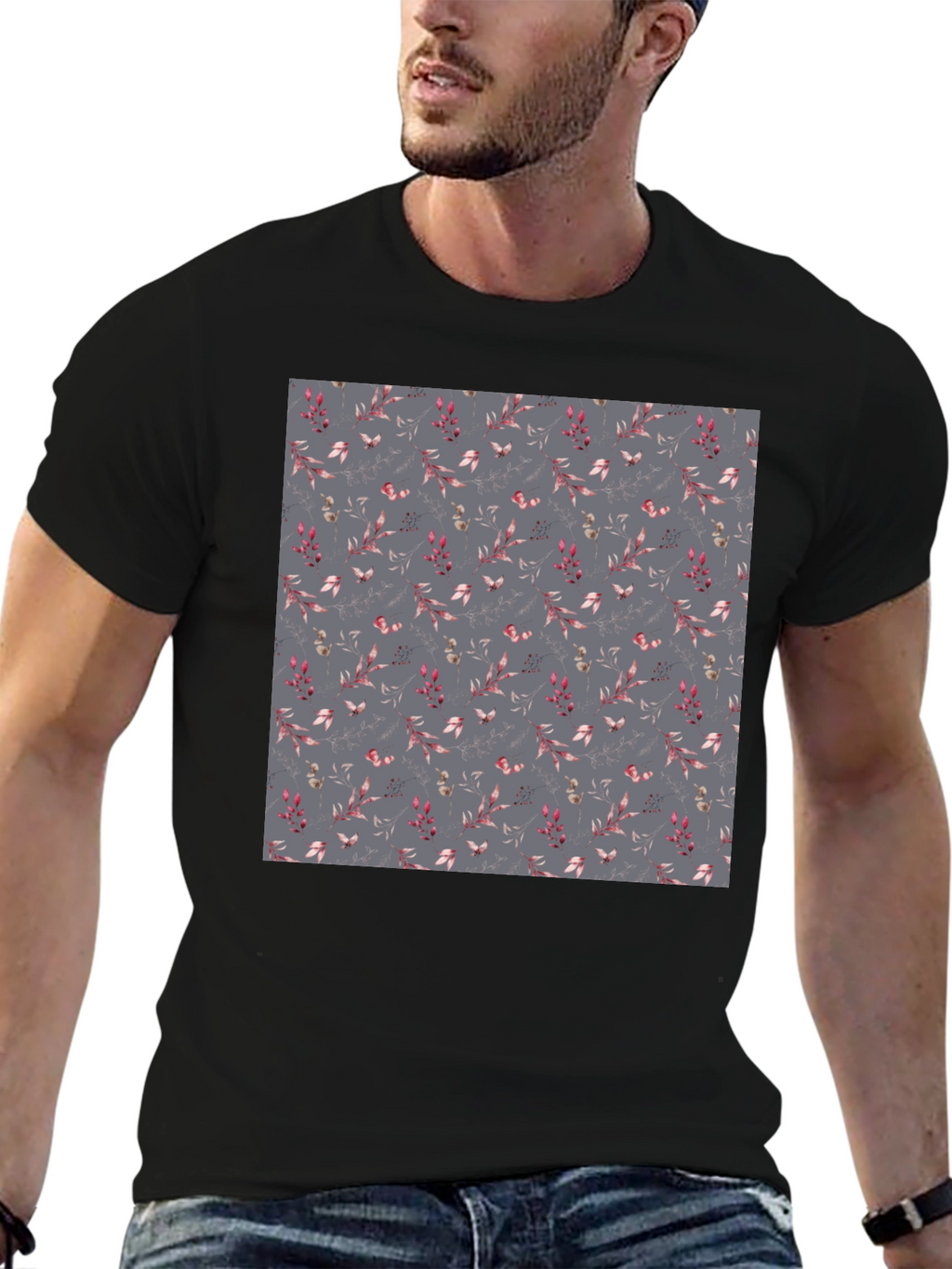 Floral Patterned Black T-Shirt for Men
