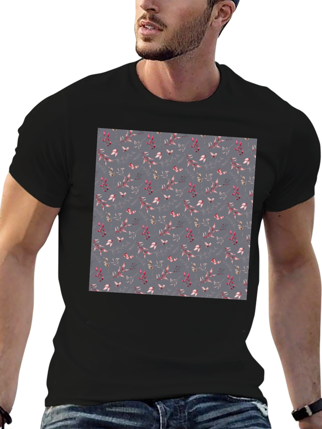 Floral Patterned Black T-Shirt for Men