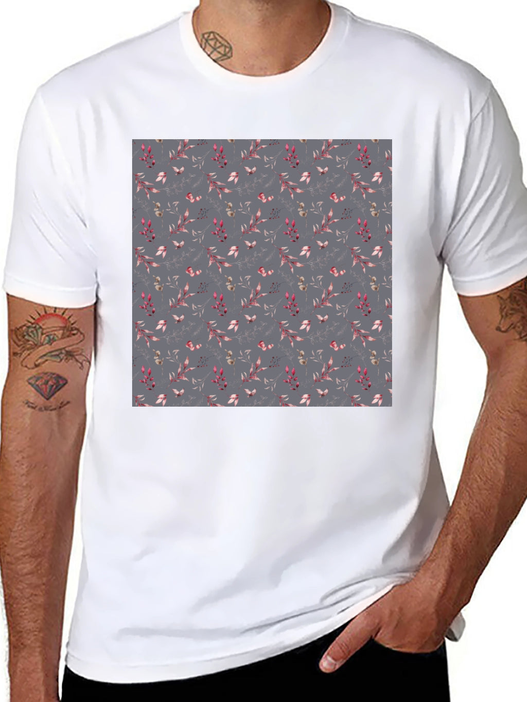 Floral Patterned Black T-Shirt for Men