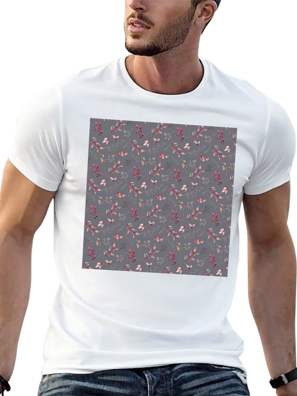 Floral Patterned Black T-Shirt for Men