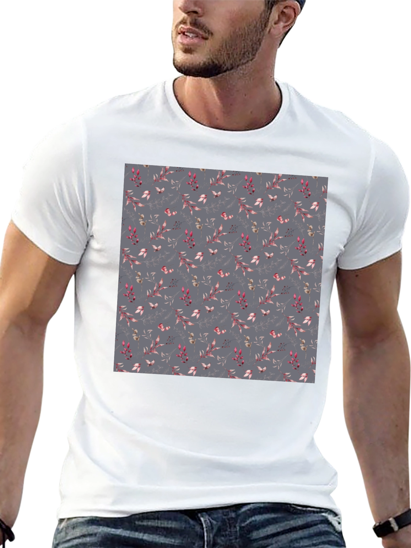 Floral Patterned Black T-Shirt for Men