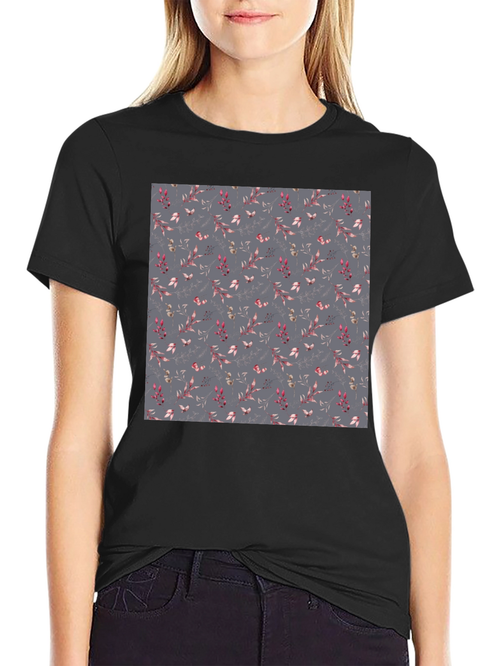 Floral Patterned Black T-Shirt for Men