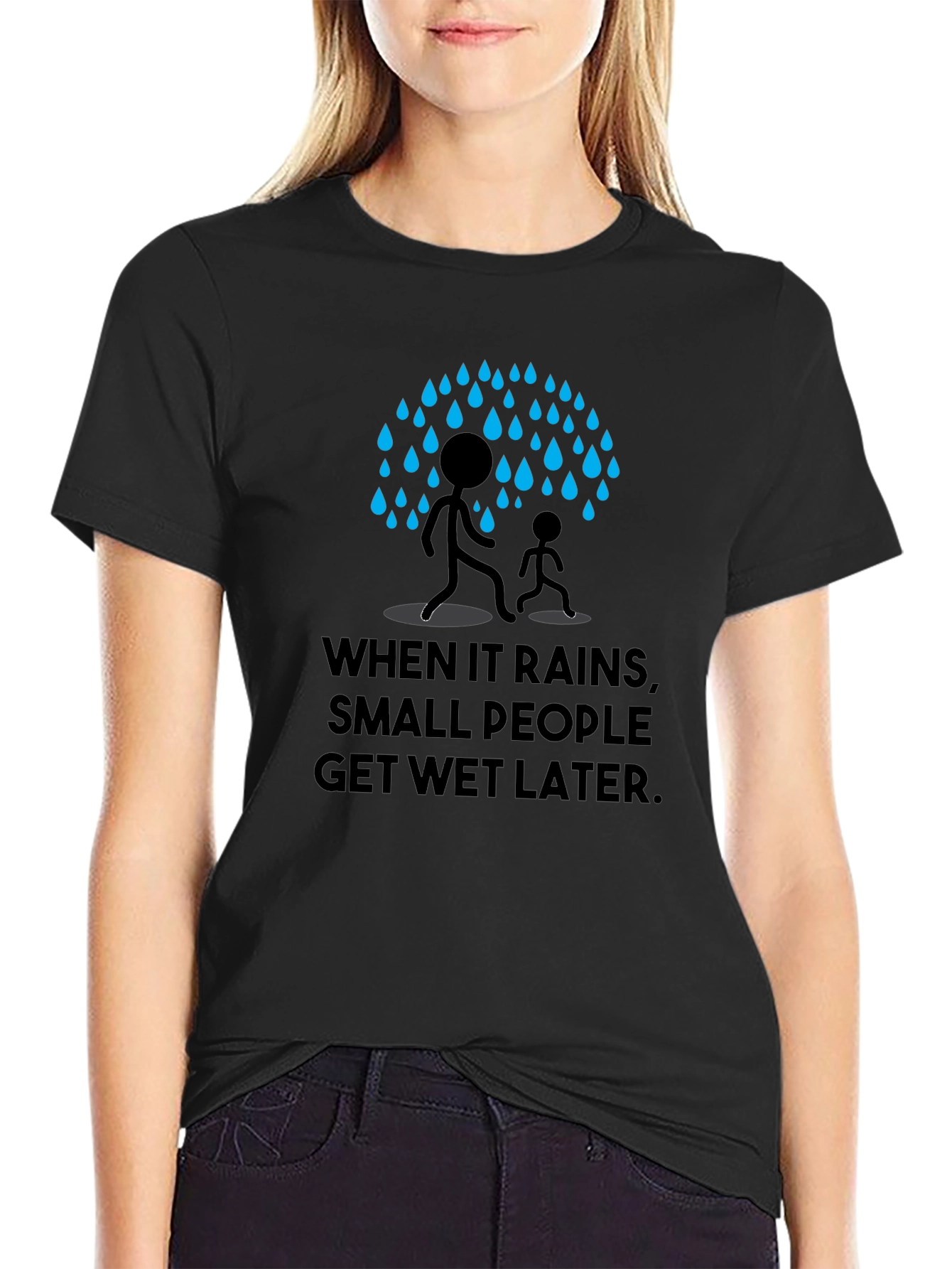 Humorous When It Rains Graphic Print Black T-Shirt
