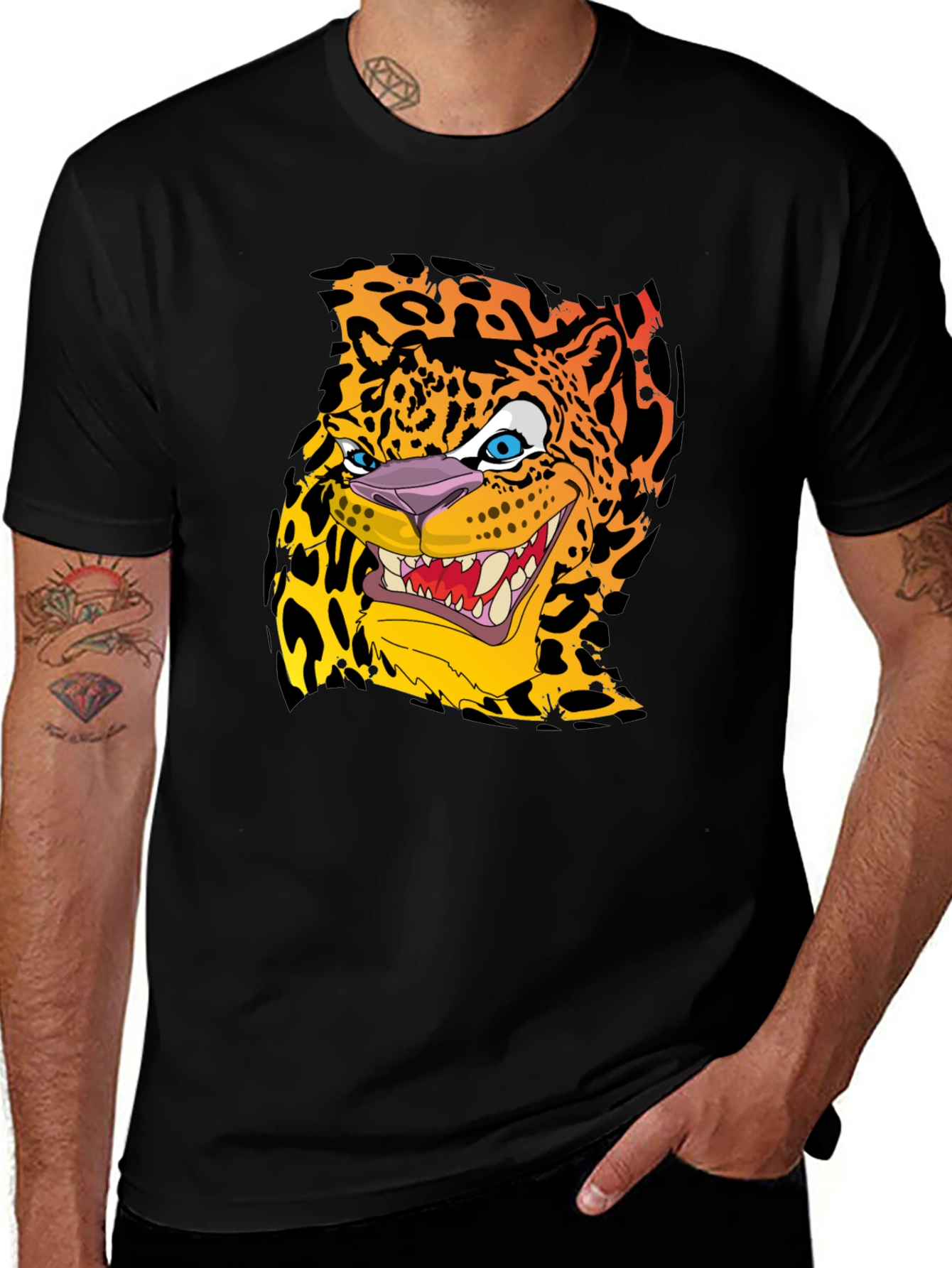 Cartoon Jaguar Graphic T-Shirt - Mens Black Tee