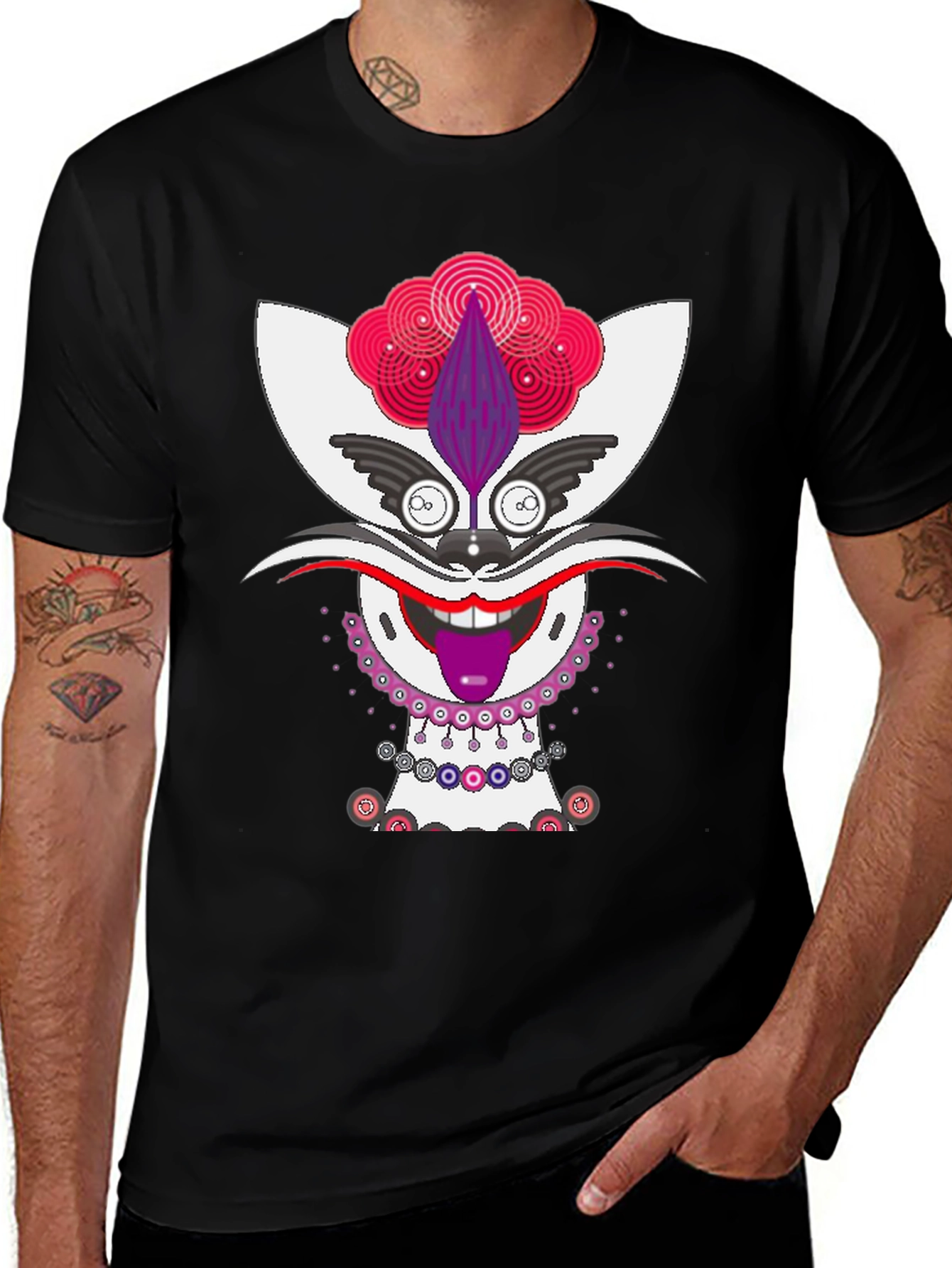 Whimsical Cat Graphic Tee - Unique Mens Black T-Shirt