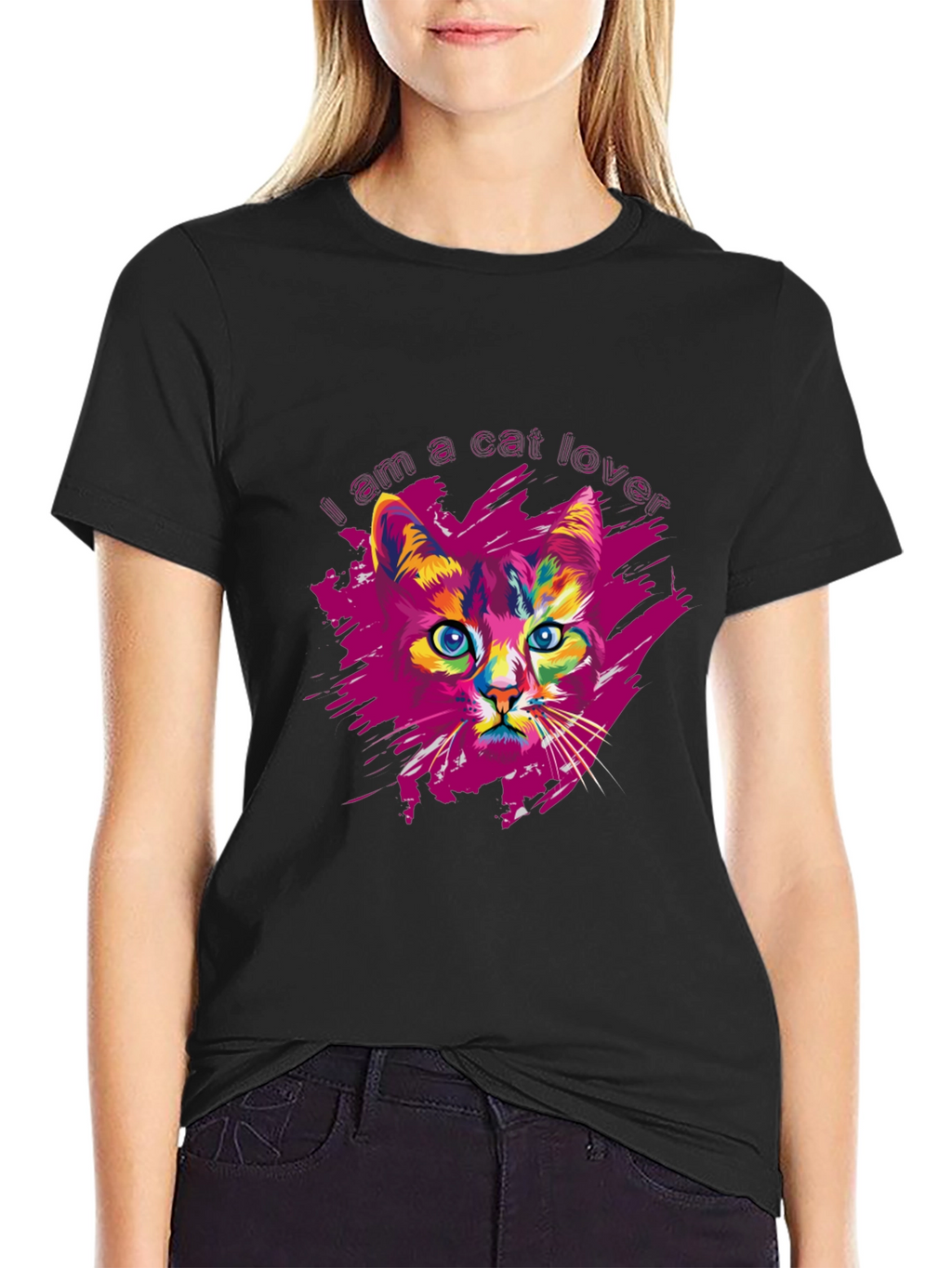 Vibrant Cat Lover Graphic Print Black T-Shirt