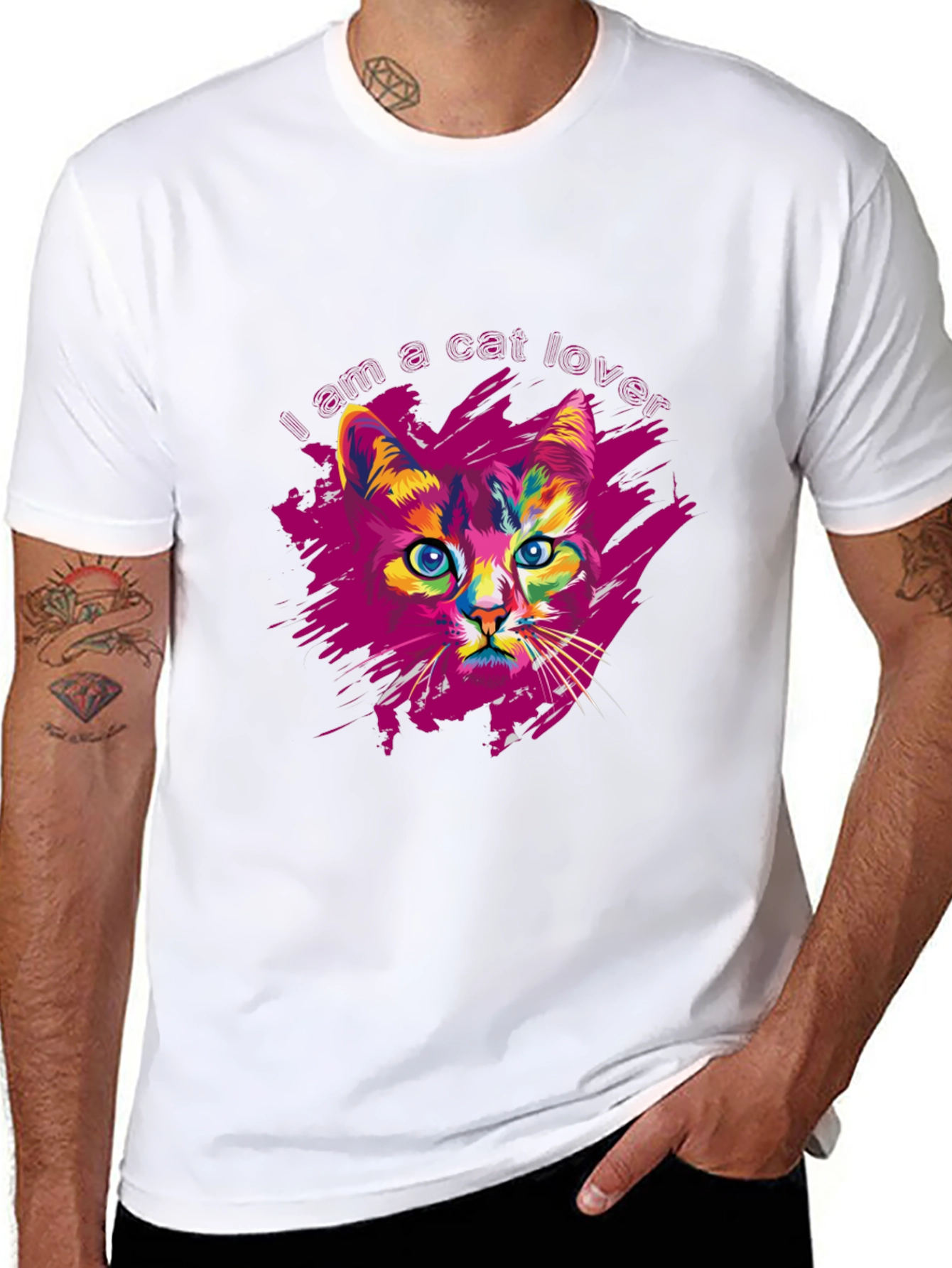 Vibrant Cat Lover Graphic Print Black T-Shirt