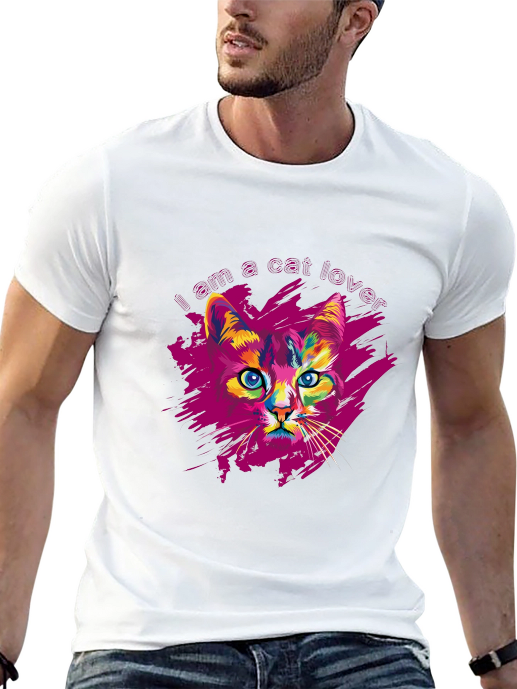 Vibrant Cat Lover Graphic Print Black T-Shirt