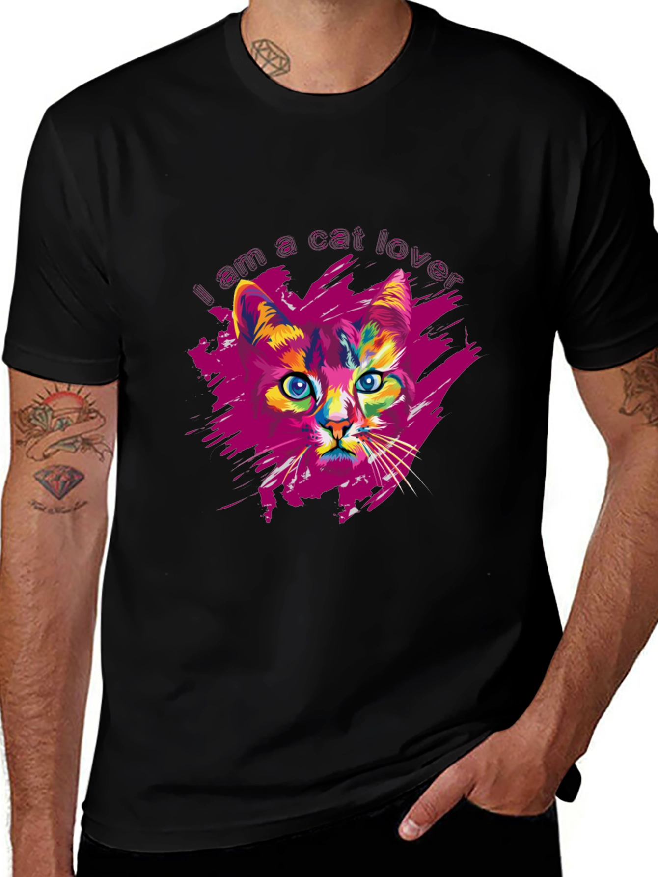 Vibrant Cat Lover Graphic Print Black T-Shirt