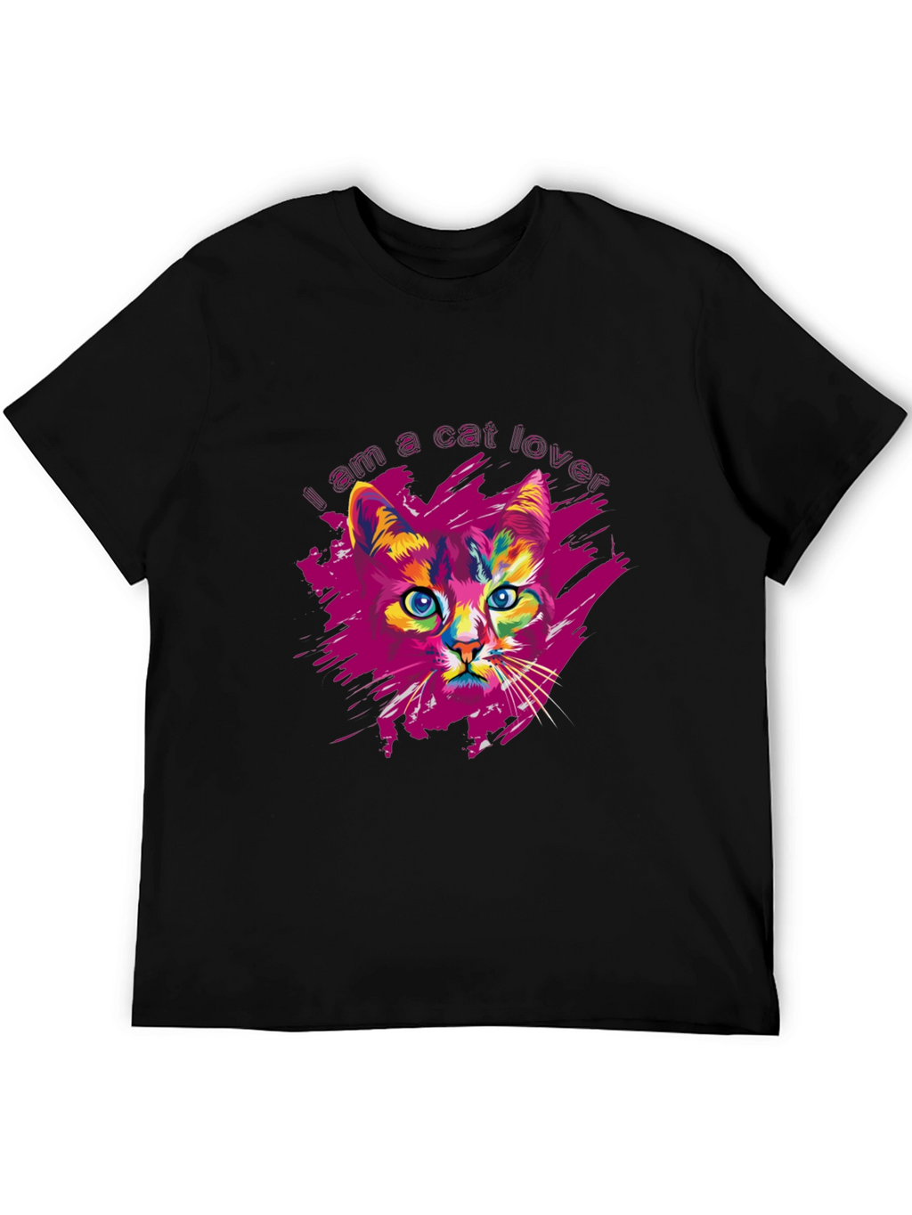 Vibrant Cat Lover Graphic Print Black T-Shirt