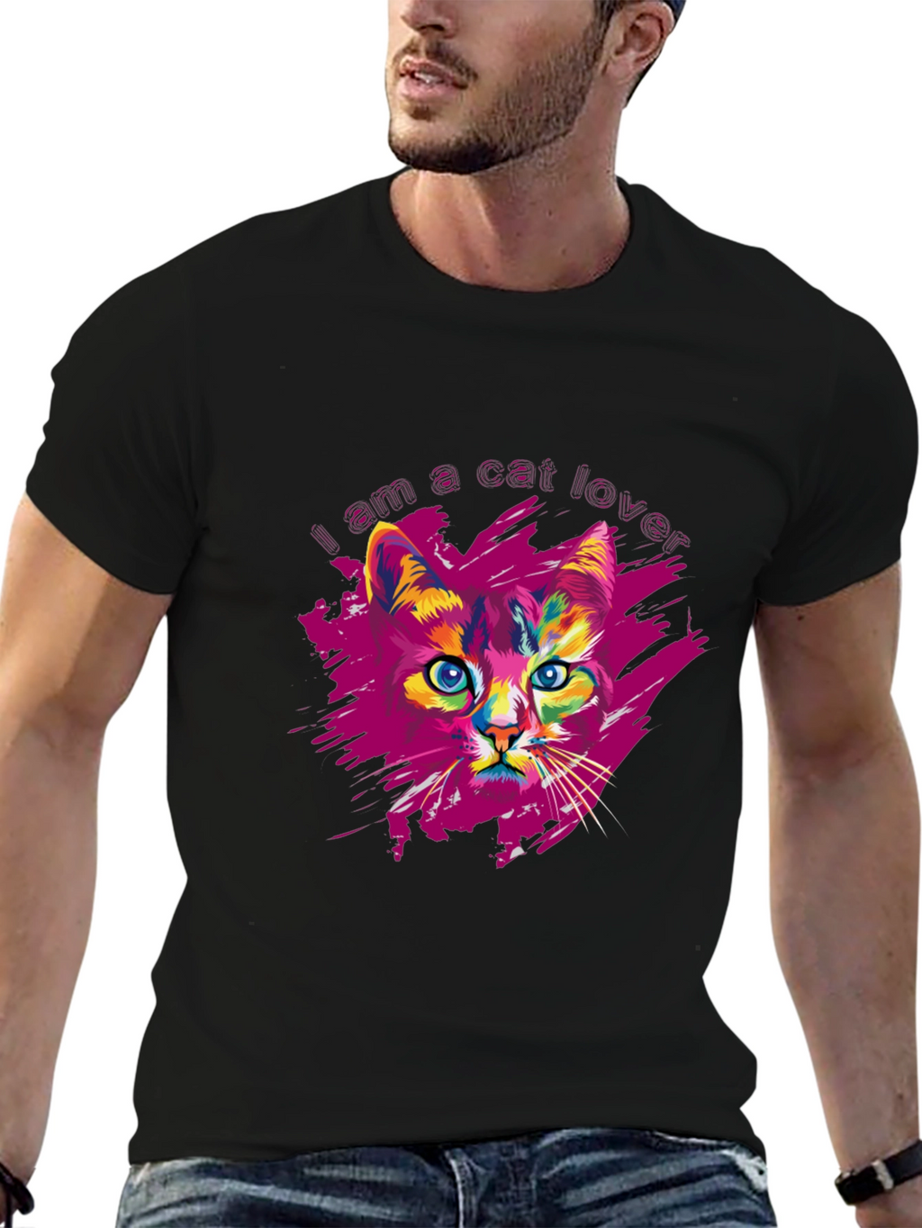 Vibrant Cat Lover Graphic Print Black T-Shirt
