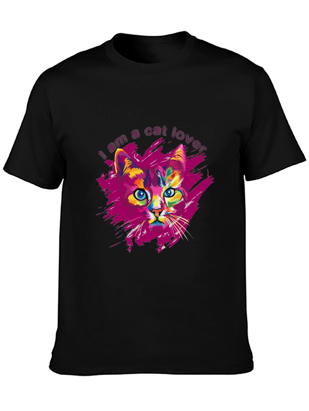 Vibrant Cat Lover Graphic Print Black T-Shirt