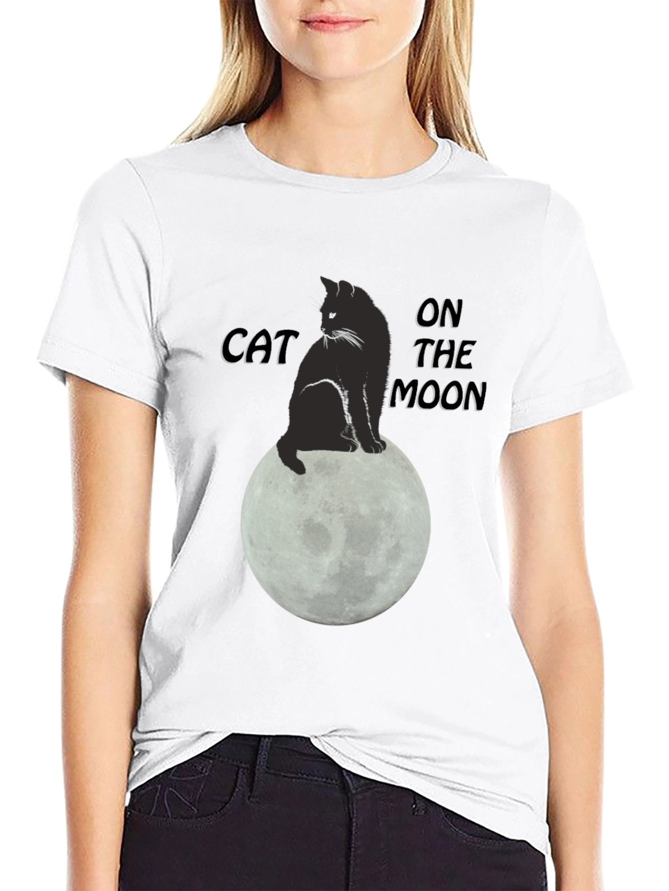 Cat On The Moon Graphic T-Shirt - Black