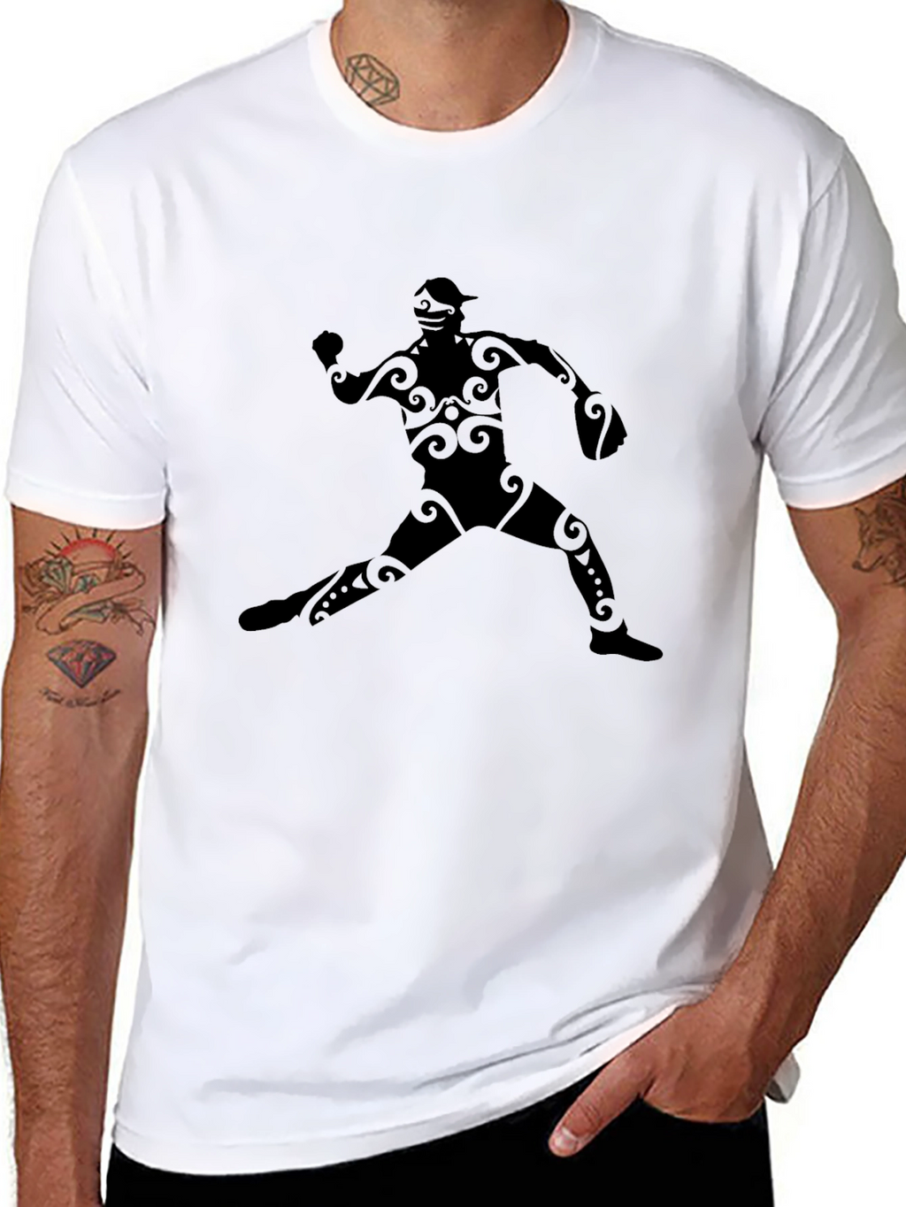 Tribal Baseball Player Graphic Tee - Black