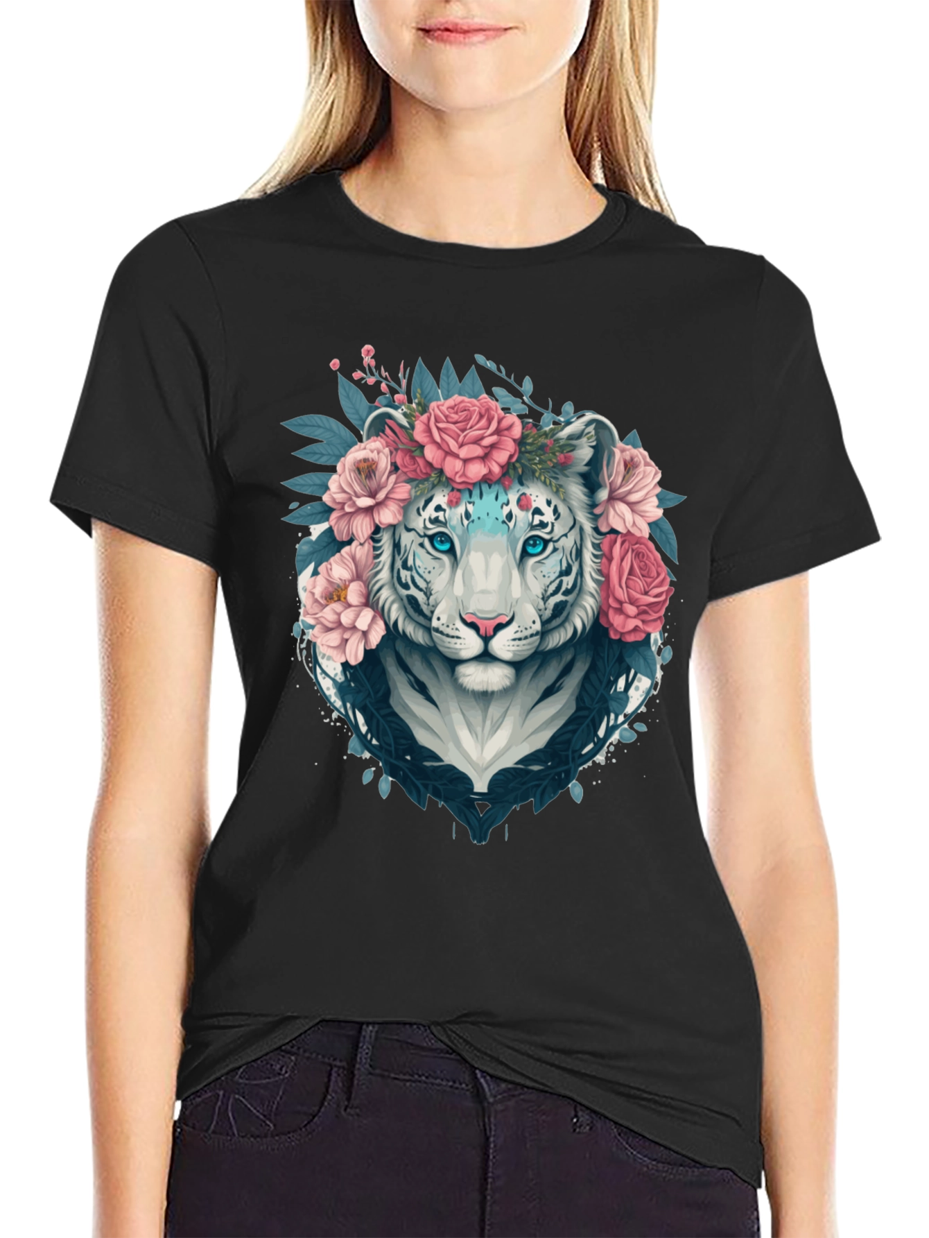 Floral Tiger Graphic Tee - Stylish Unisex Black T-Shirt