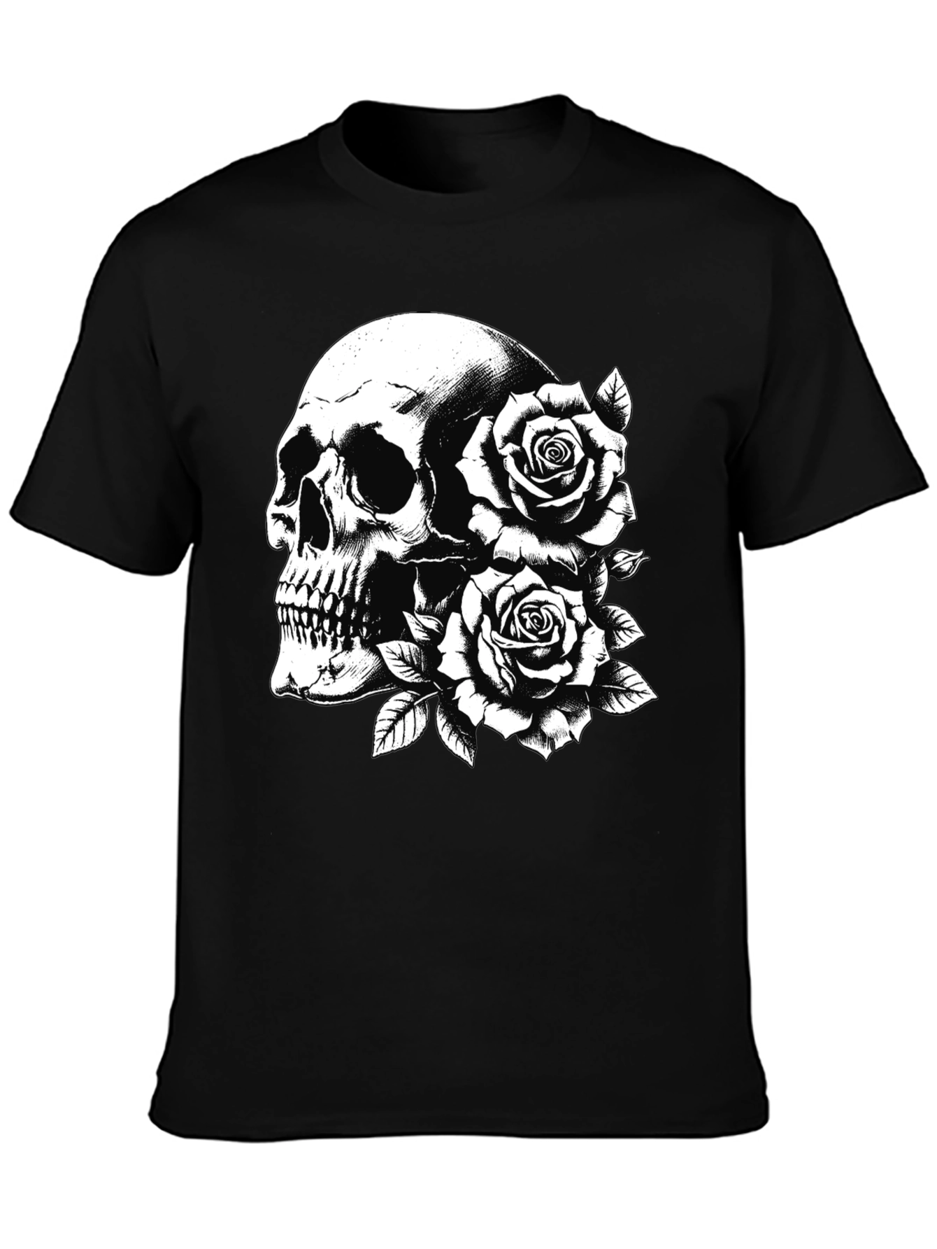 Skull & Roses Graphic Tee - Black Cotton Casual T-Shirt