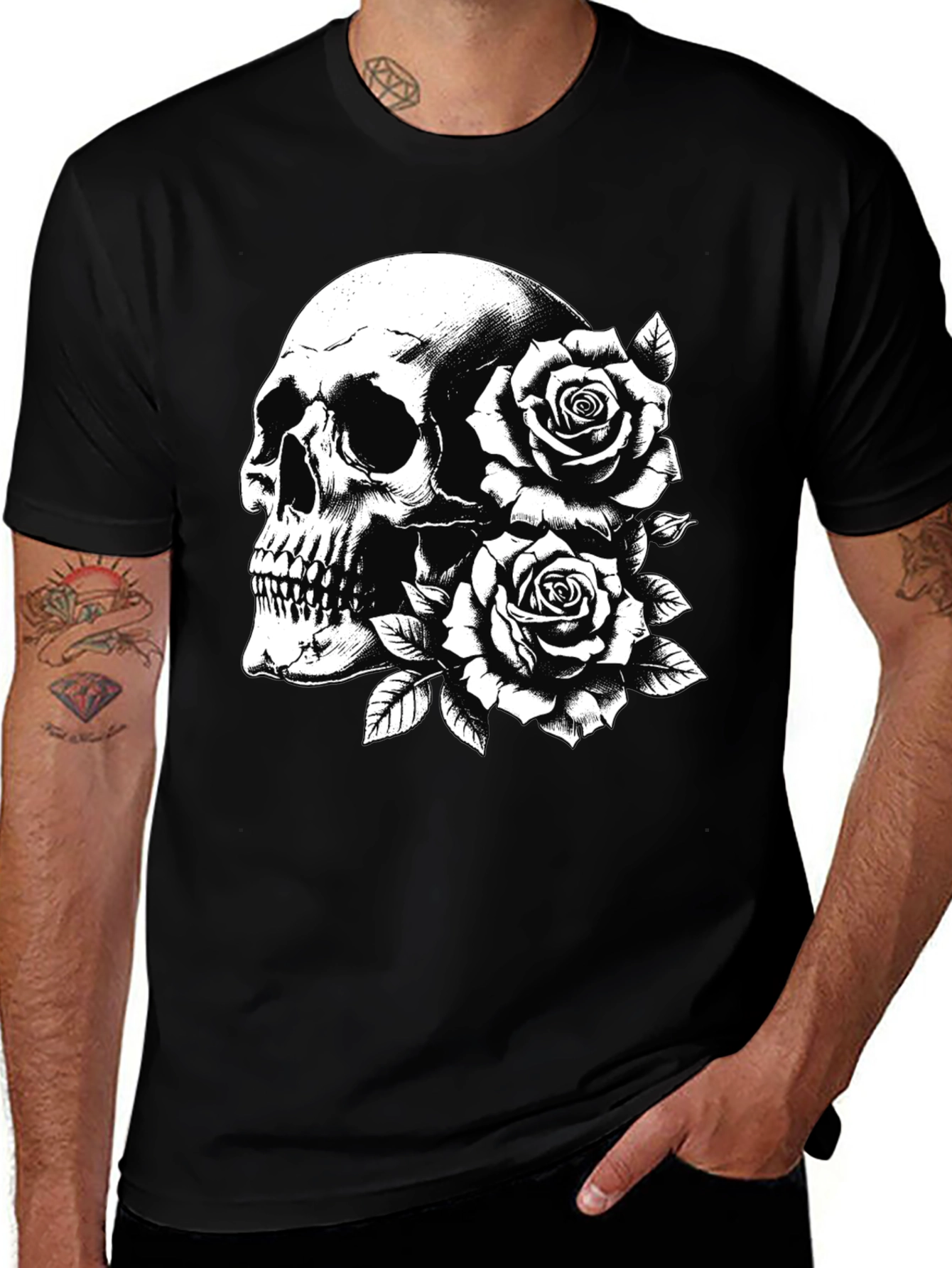 Skull & Roses Graphic Tee - Black Cotton Casual T-Shirt