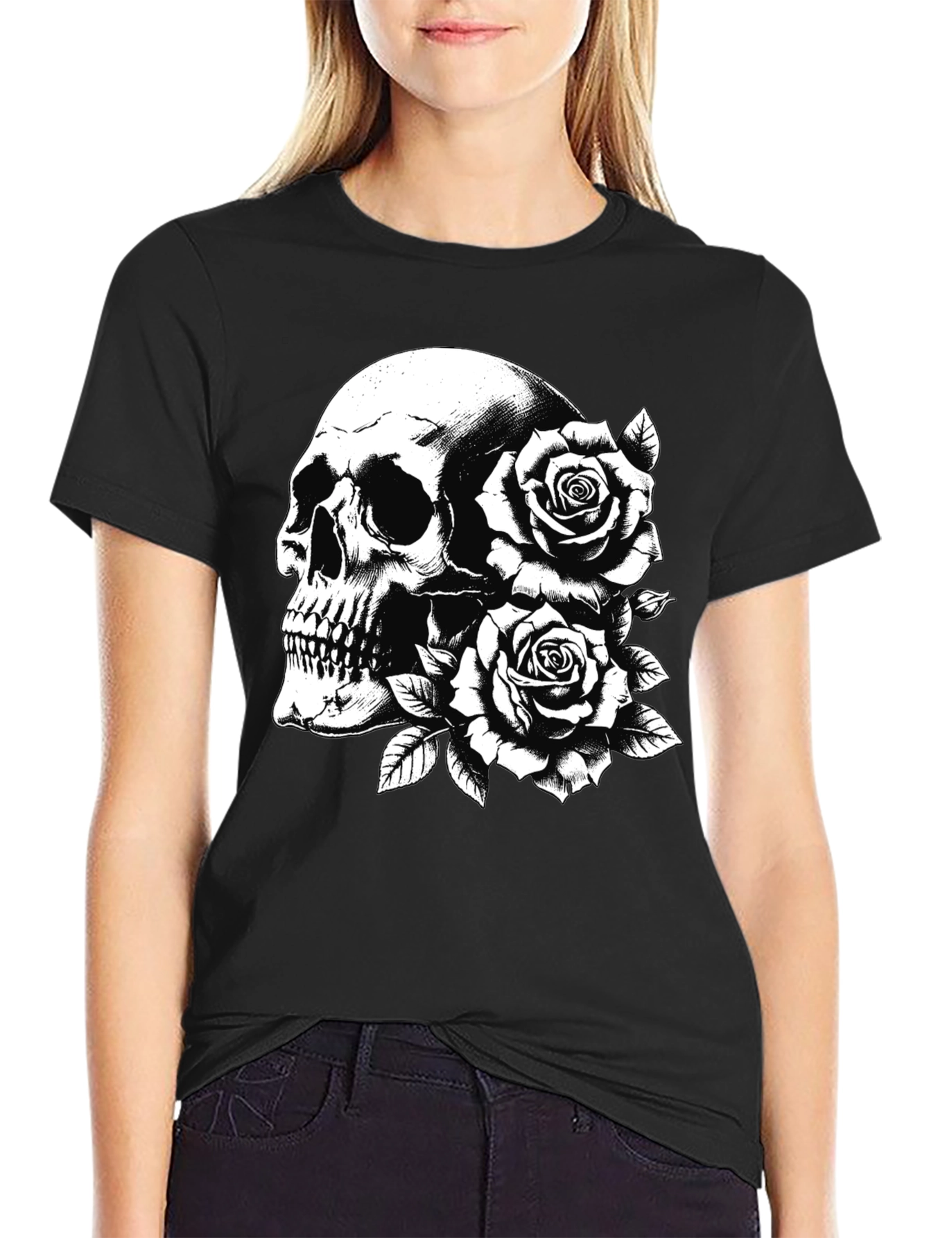 Skull & Roses Graphic Tee - Black Cotton Casual T-Shirt