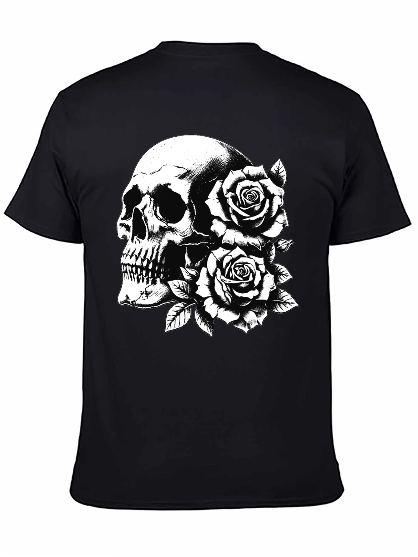 Skull & Roses Graphic Tee - Black Cotton Casual T-Shirt