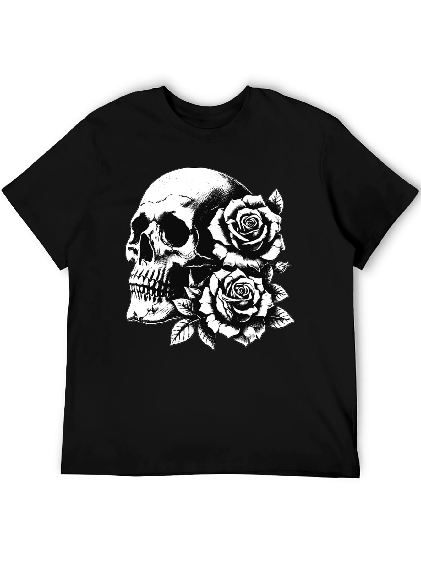 Skull & Roses Graphic Tee - Black Cotton Casual T-Shirt