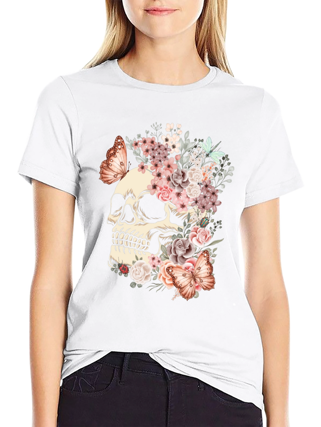 Floral Skull Butterfly Graphic T-Shirt